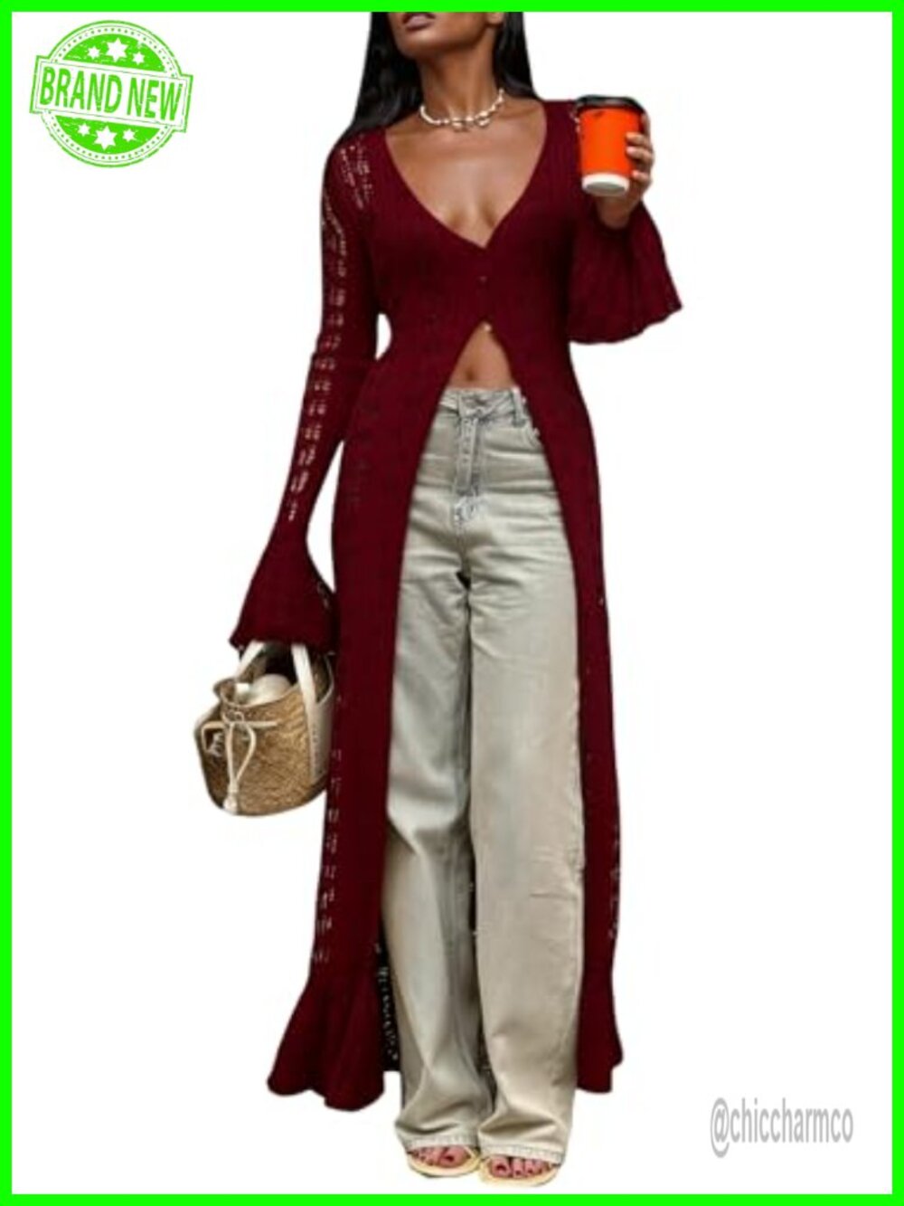 Womens Crochet Cardigan Bell Sleeve Ruffle Knit Hollow Out Lightweight Duster